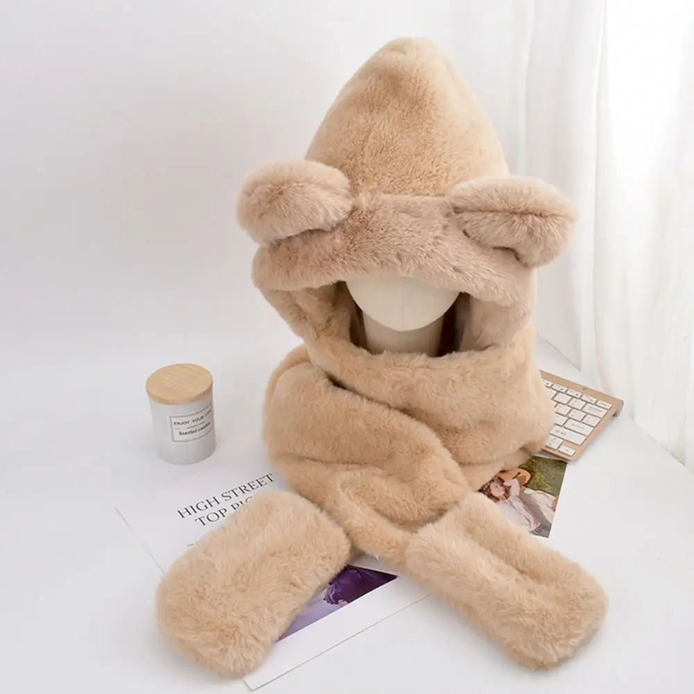 لطيف آذان الدب قبعة يندبروف سميكة قبعة متكاملة وشاح الشتاء قبعة دافئة وشاح قفازات مجموعة للفتيات امرأة