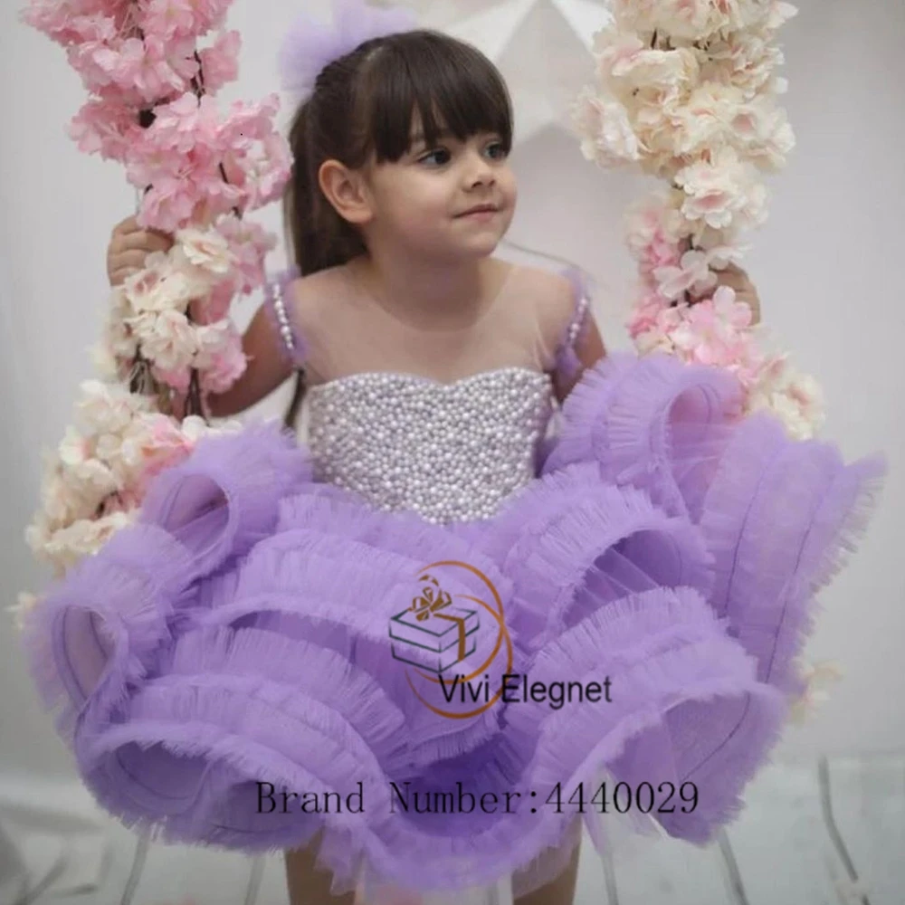 

Charming Purple Spaghetti Strap Flower Girl Dresses for Girls Tiered Beading Tutu Tiered Wedding Party Gowns فساتين اطفال للعيد