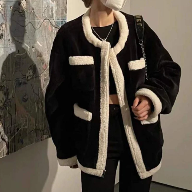 

Thickened Fleece Lambswool Jacket Woman Fashion Color Contrast Crewneck Women's Jacket Winter Loose Warm Long Sleeve Top Ladies