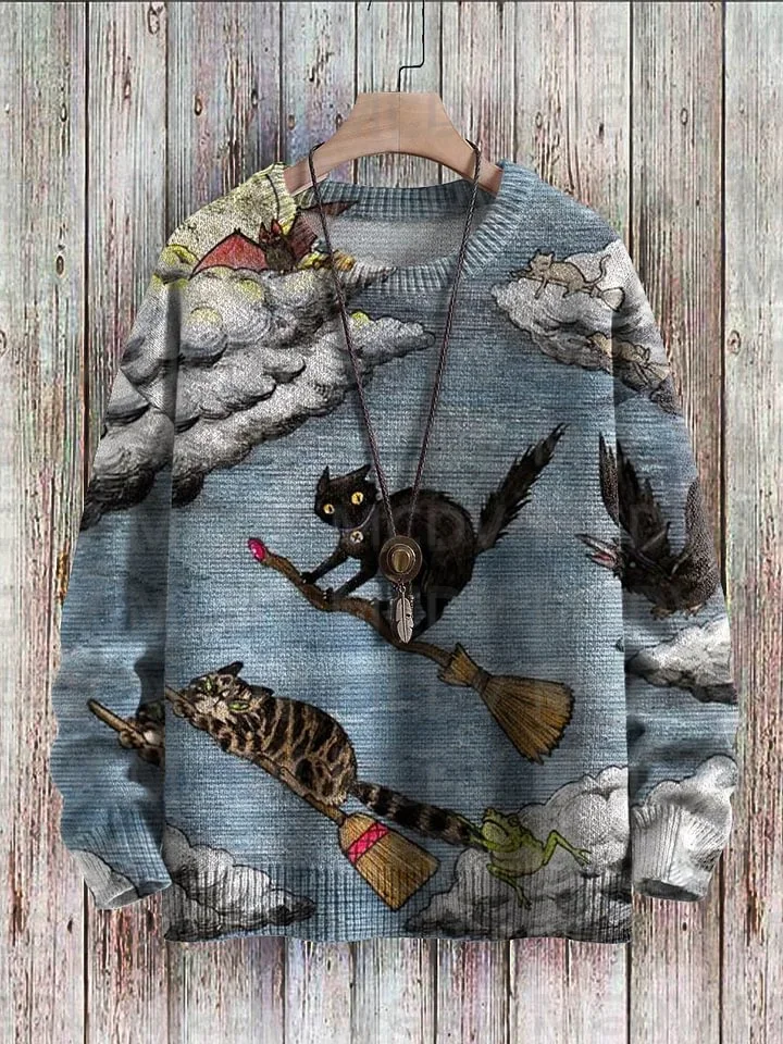 

Halloween Cute Cat Witch Ghost Art Pattern Print Casual Knit Pullover Sweater Men's For Women's Pullover