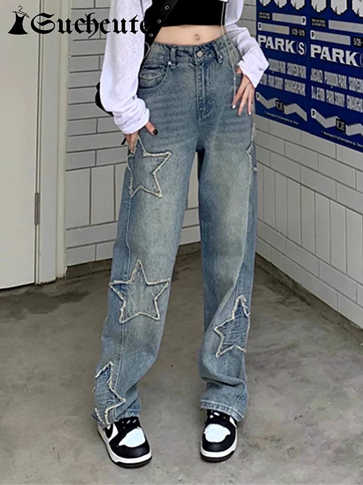 

SUCHCUTE y2k Star Patchwork Wide Leg Jeans Women Korean Fashion Low Waist 90S Denim Trousers Vintage Kpop Streetwear Baggy Pants