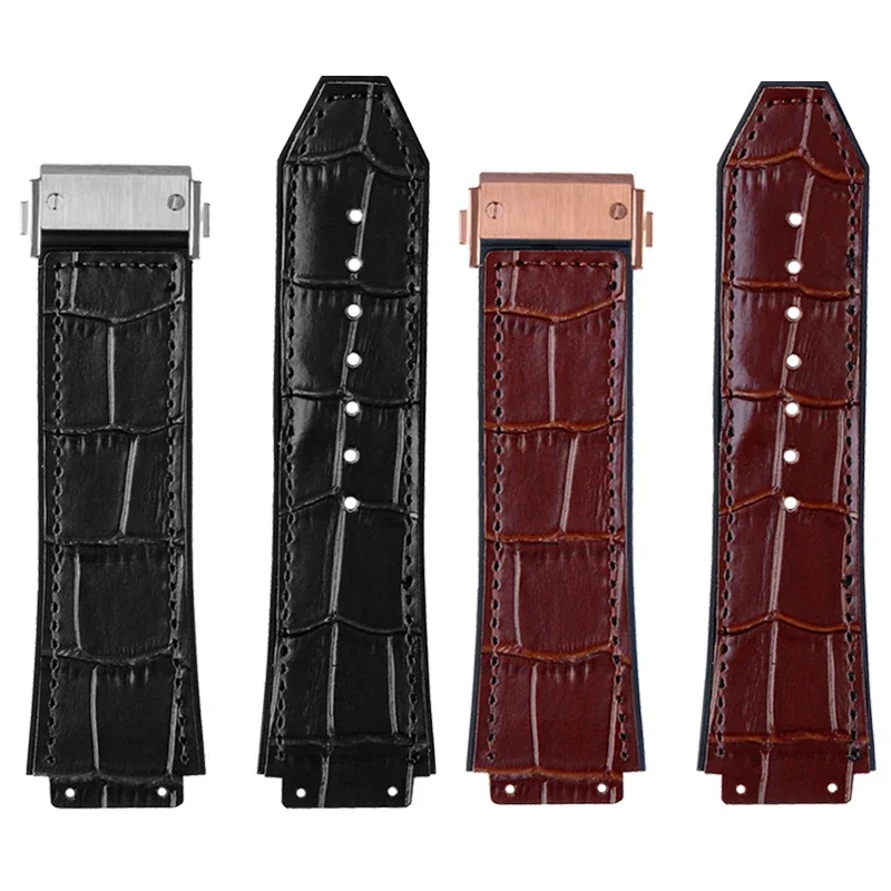 Genuine Leather Watch Band For Hublot Big Bang Series Cowhide Strap Men Wristband With Tools Accessories Black Brown 26*19mm