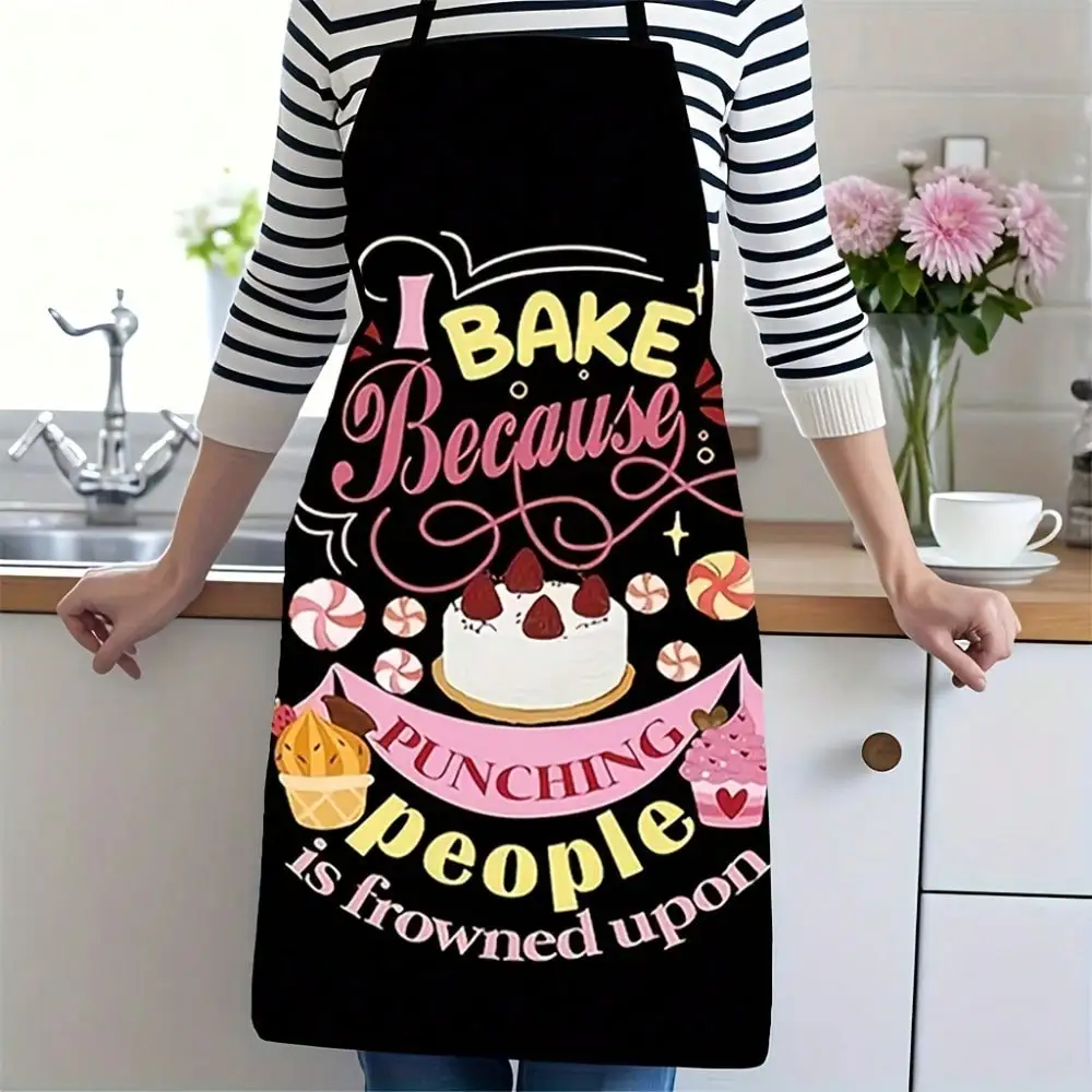 I Bake Because Punching People is Frowned Upon Apron, Funny Cake Print Kitchen Bib, Novelty Gift for Bakers