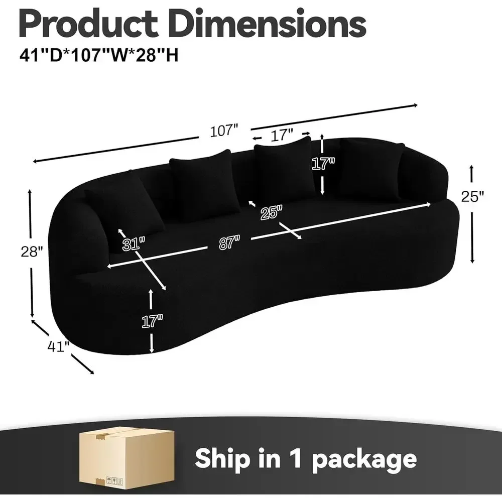 Curved Chenille Cloud Couch, Plush Deep 4-Seater Oversized Sofa for Living Rooms and Small Spaces, Luxury Black, No Assembly Nee