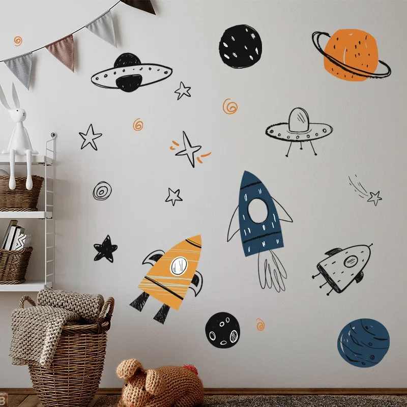 Hand Painted Watercolor Rocket Planet Wall Stickers Home Room Bedroom Decor Interior Stickers For Kids Rooms