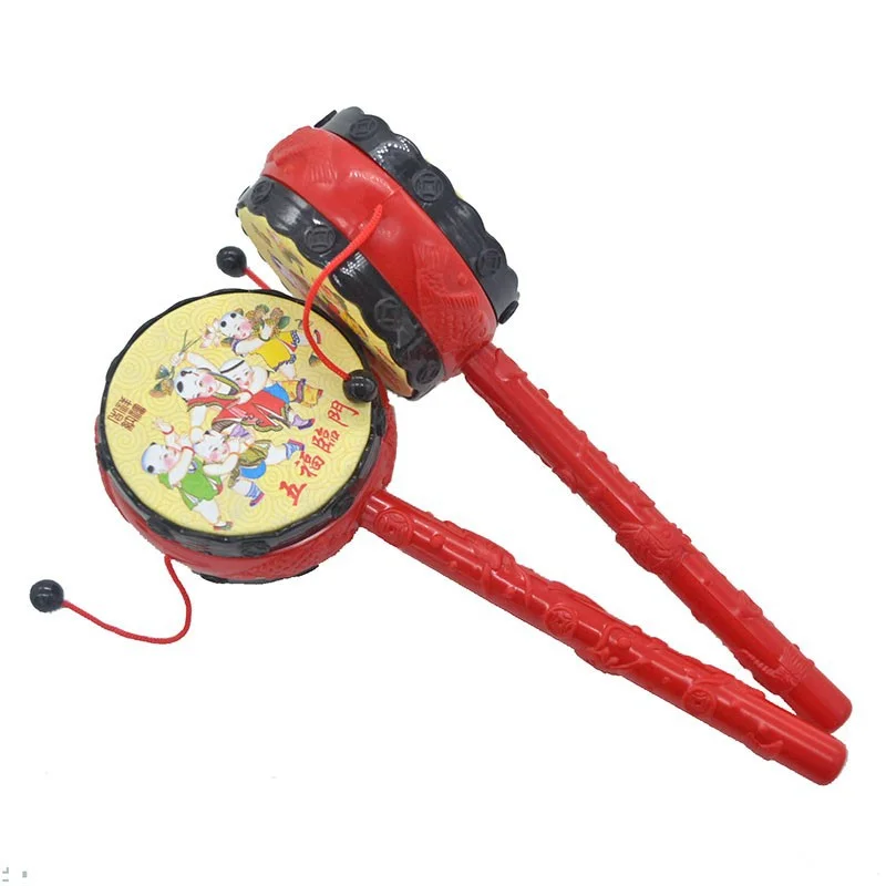 1Pc Baby Kids Cartoon Chinese Traditionele Rammelaar Drum Spin Leuk Speelgoed Handbel Muziek Speelgoed Willekeurig Patroon Baby Comfort Speelgoed