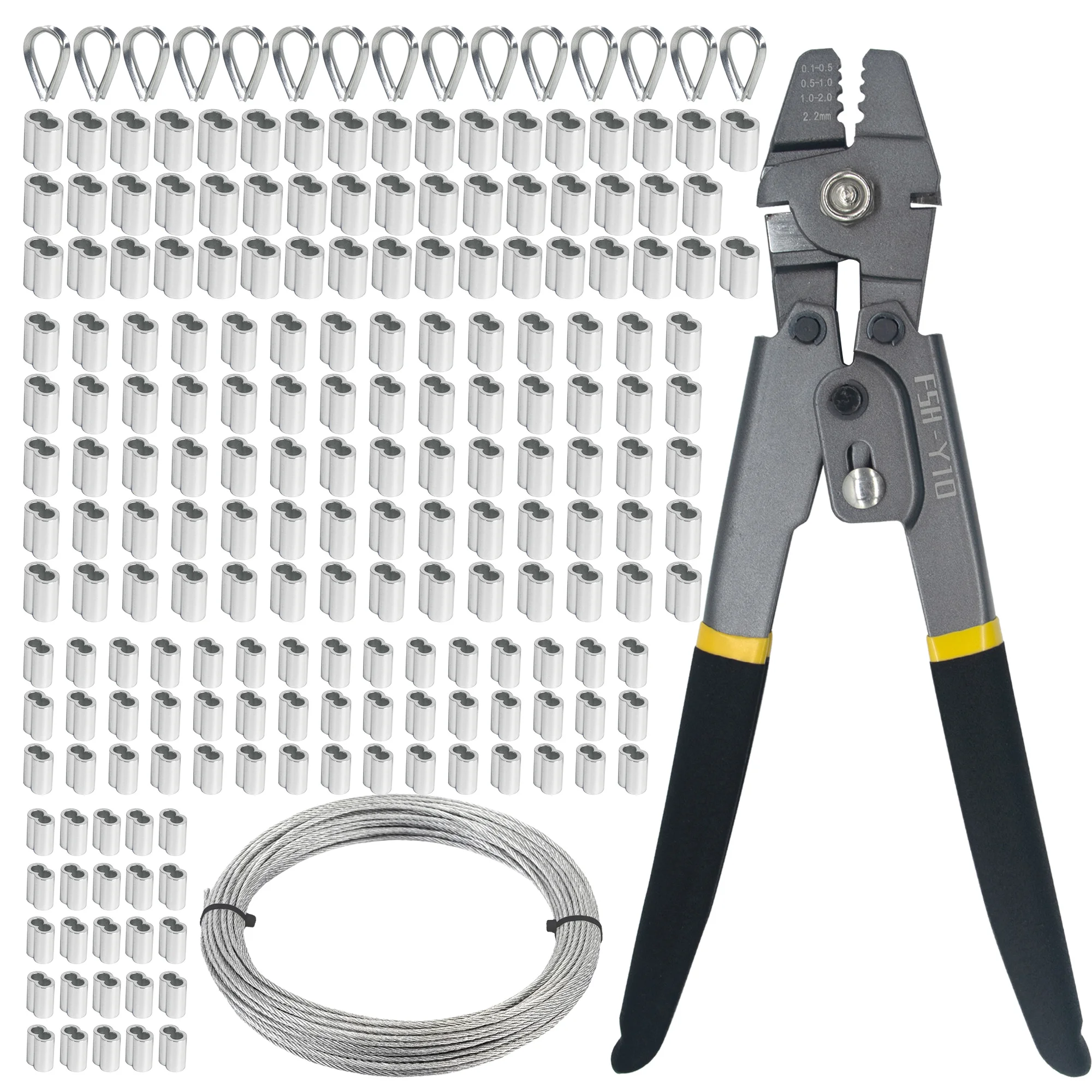 AIMUNOK Wire Rope Crimping Swaging Tool Kit for Wire Cable Crimps 0.1-2.2mm with 190Pcs 4 Sizes Aluminum Double Barrel Ferrule C