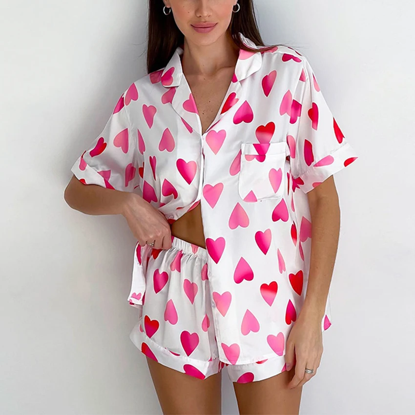 

Autumn New Sleepwear Silk Satin Pink heart print Women's Pyjama Heart Print Short-sleeved Pajamas Home Wears Soft 2Pcs Nightwear