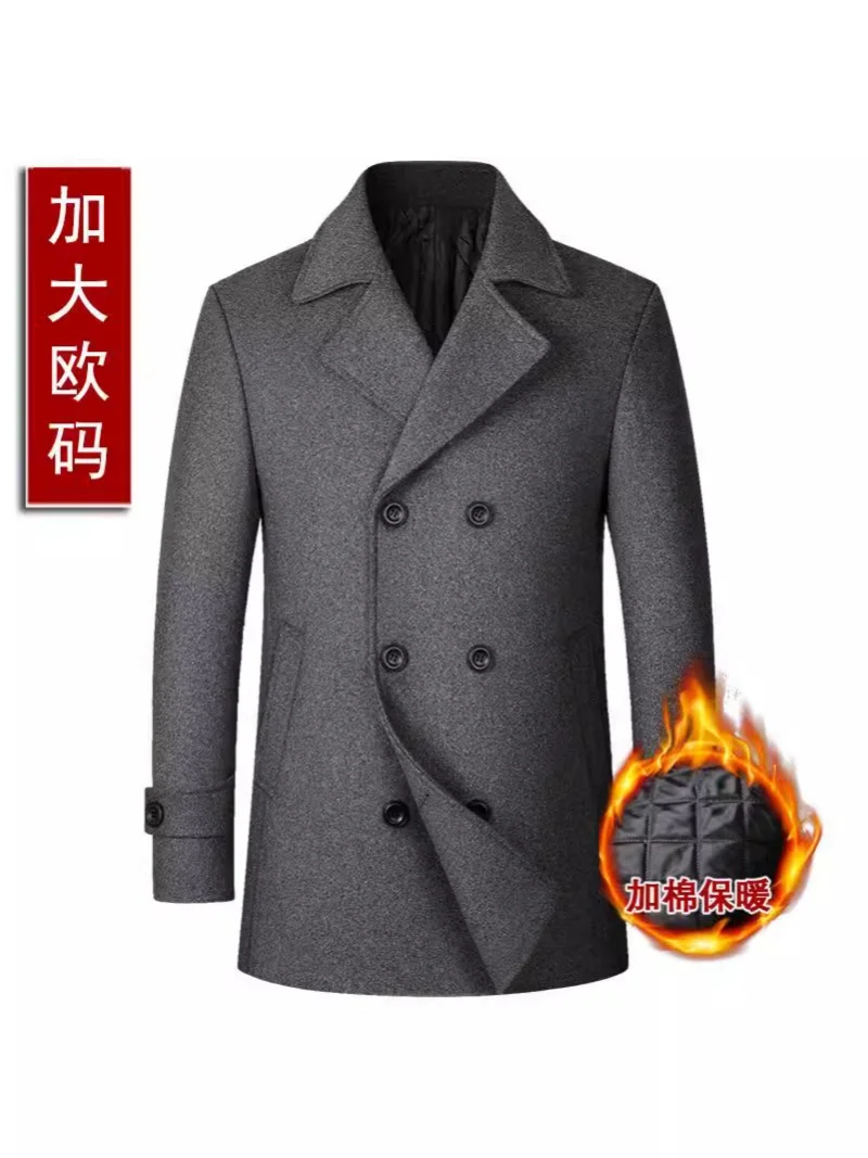 Men's European Size Wool Flannel Double Breasted Coat with Notch Lapel Mid-Length Notched European Style Winter Arrival