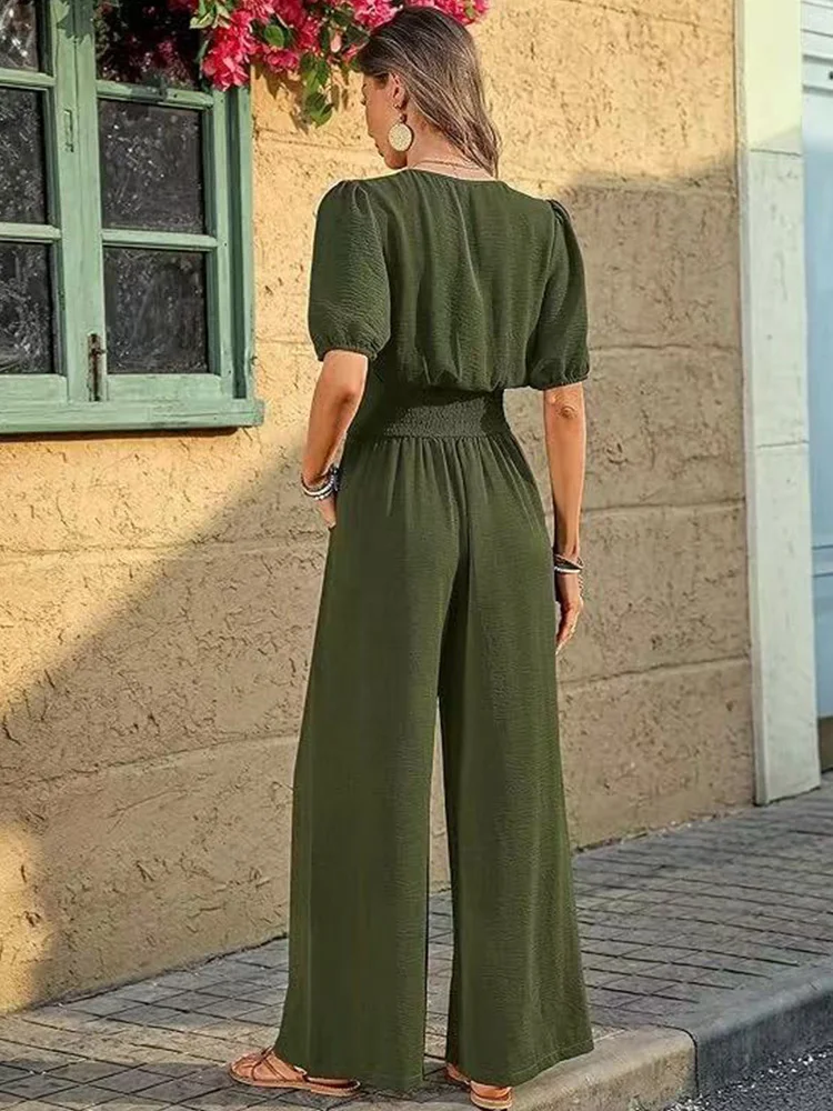 Women's V-Neck Waist Cinched Loose Fit Elegant Jumpsuit