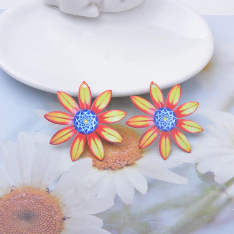 6 Stück AB8375 Neues Design Edelstahl Bunte Blumenanhänger Bemalte Sonnenblumen-Anhänger Schmuck Ohrring-Zubehör – Detail 5