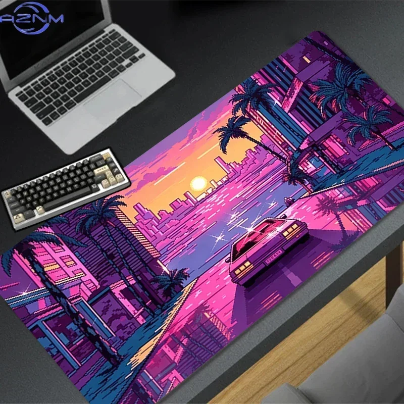Synthwave Sunset Palm Tree Highway Large Mousepad, Non-Slip Rubber Waterproof Extended Desk Mat, Retro Vaporwave City Landscape