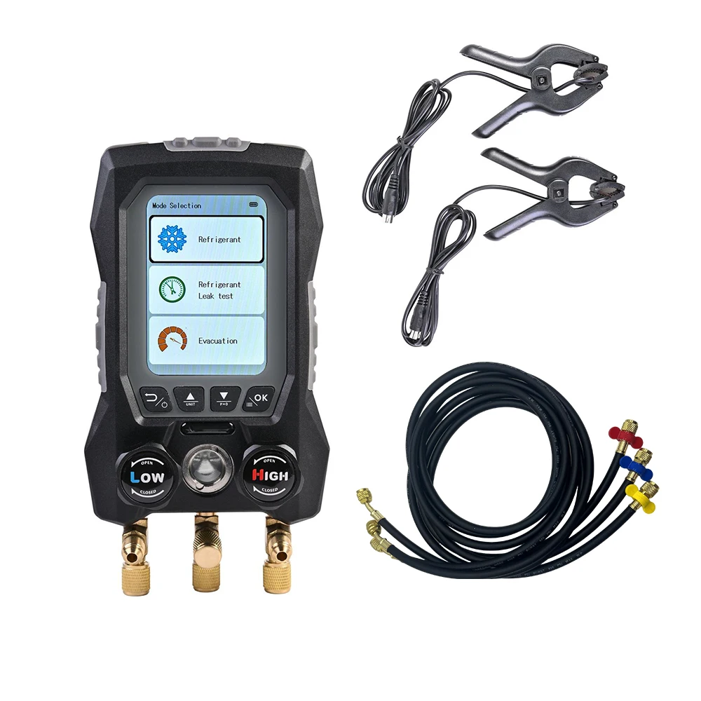 Multifunctional Intelligent Manifold Gauge AC Service Refrigerant Pressure Gauge Vacuum Meter with Temp Clamp and Charging Hose