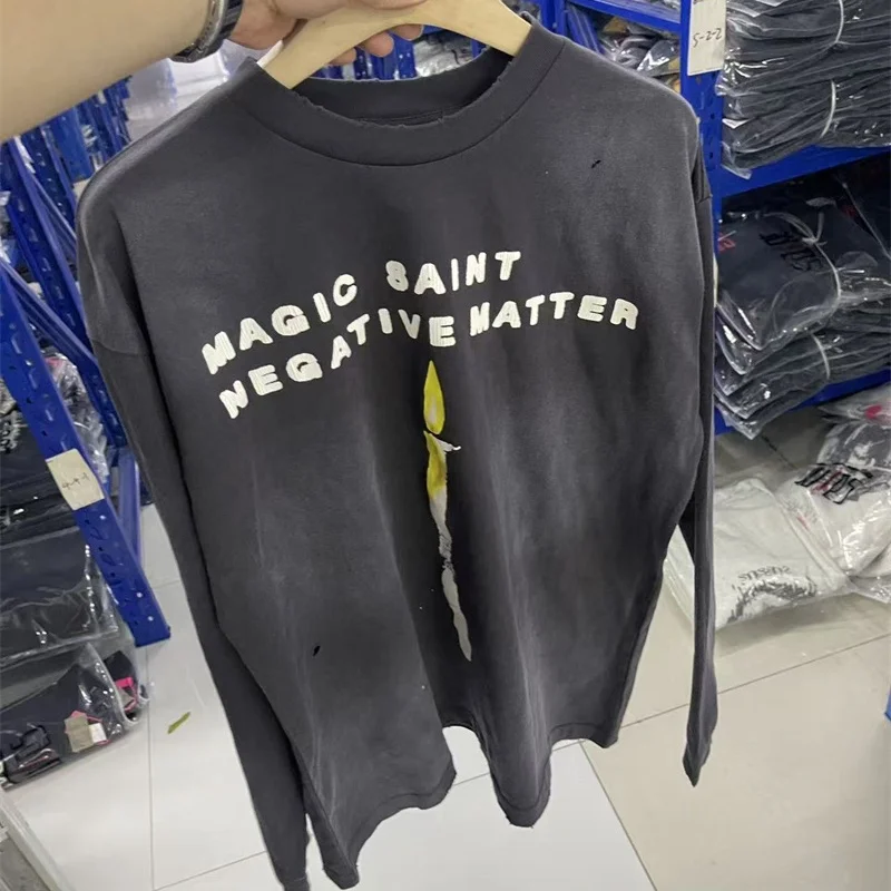 

Футболка унисекс большого размера высшего качества из 100% хлопка с длинным рукавом SAINT, винтажная стираная черная футболка с принтом трещин и биркой
