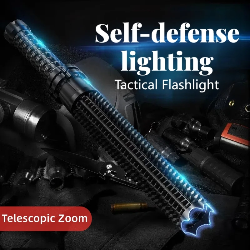 Super Long Spike Series 800M Tactical Flashlight 18650 USB Rechargeable Lamp Self-Defense Telescopic Zoom Torch Portable Outdoor