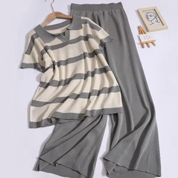 HELIAR Women Fashion Knit 2 Piece Sets Polo Neck Striped Short Sleeve Top and High Waist Pants Suit Female Casual Office Outfit