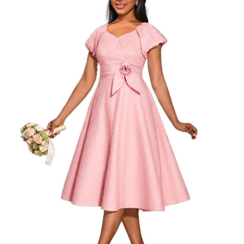 Elegant Pink Jacquard Midi Dresses Puff Sleeves A Line 3D Flower Party Bridal Showers Women Wedding Guest Home Coming Party Gown