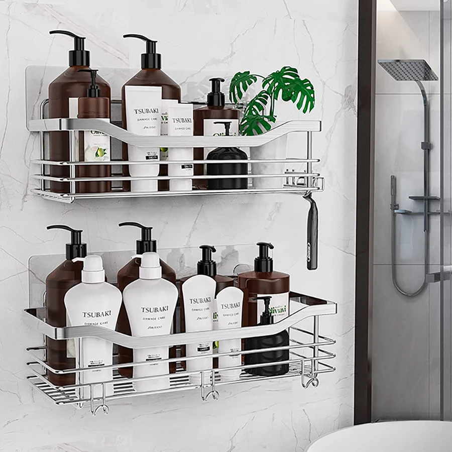 2 Pcs Rustproof Stainless Steel Bathroom Organizer with 5 Hooks,Large Capacity,No Drilling,Suitable for Bathroom Storage