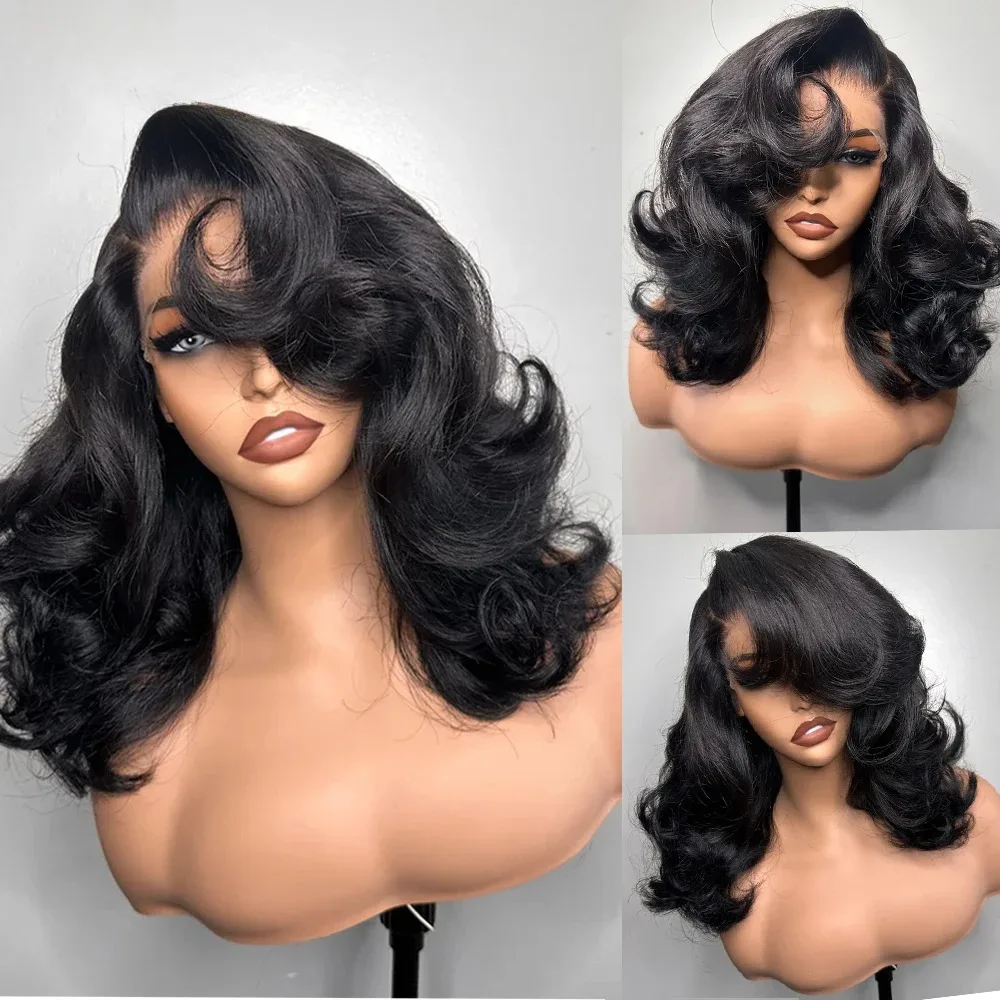 Short Bob Body Wave Lace Front Wig With Bangs 13x4 Layered Cut Lace Frontal Wig 180 Density Ready To Wear Synthetic High Quality