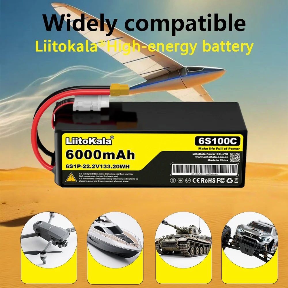 LiitoKala 6S 22,2 V 6000 mAh polymeer-lithiumbatterij 100C-ontladingsnelheid Geschikt voor op afstand bestuurbare drones, helikopters, aerom