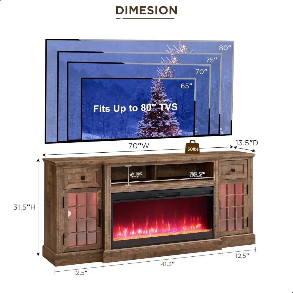 Fireplace TV Stand for 80 Inch TV, Farmhouse Entertainment Center w/LED Lights & 36