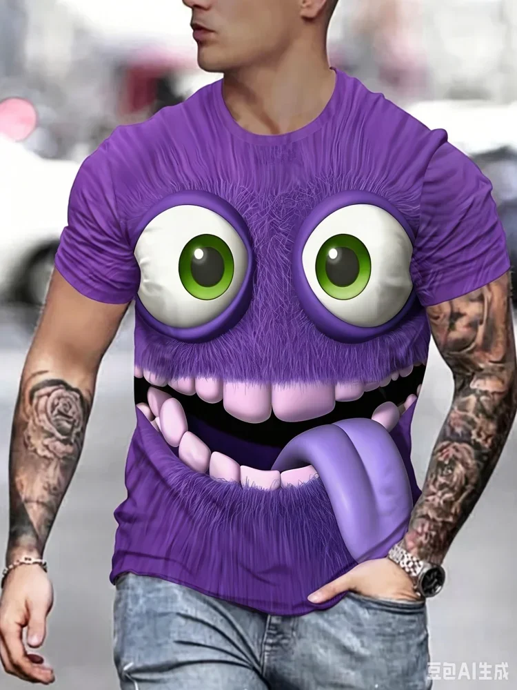 Nouveau T-shirt tendance pour homme avec imprimé 3D visage de monstre bleu, motif dessin animé amusant, décontracté d'été à manches courtes, style urbain