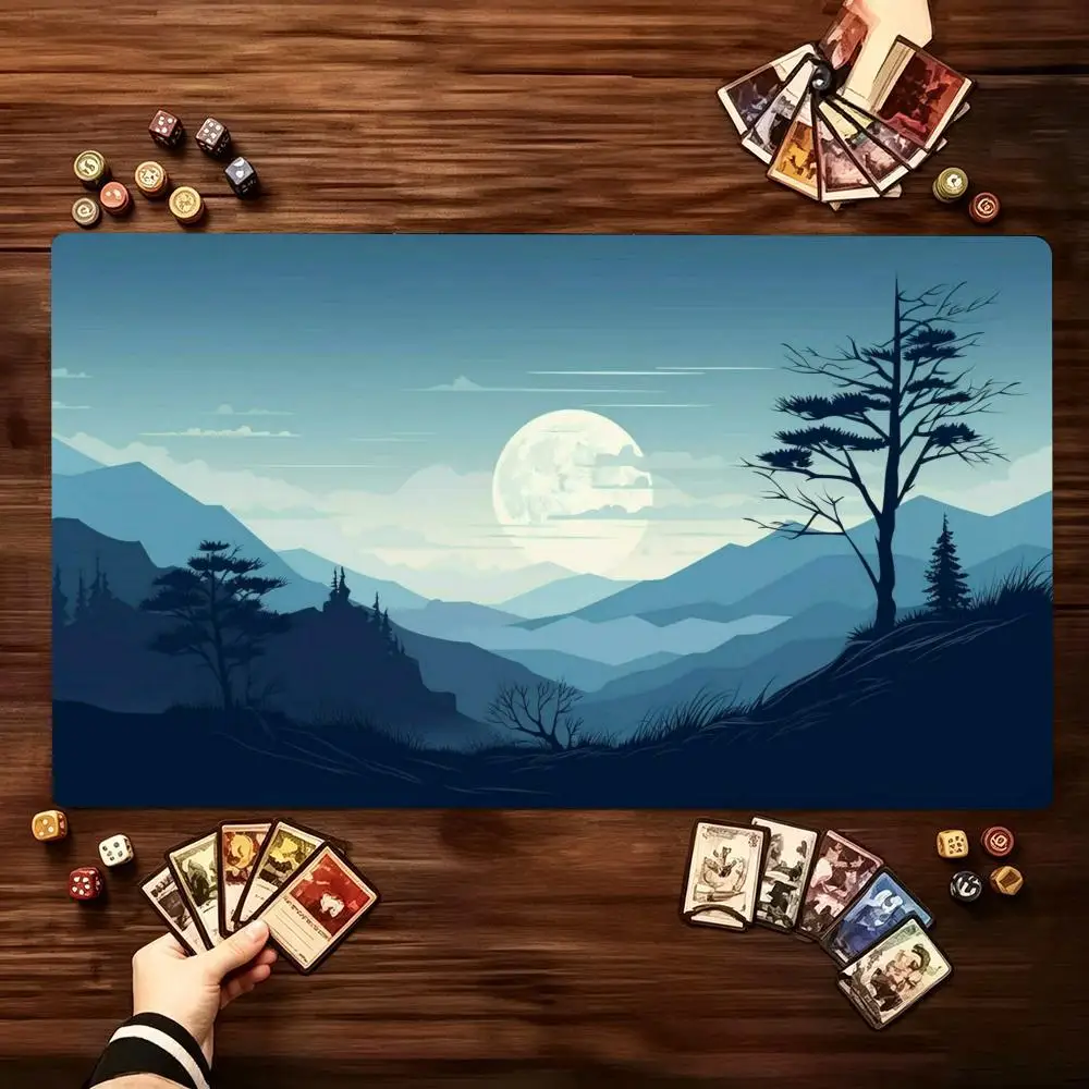 XXL Oversized  TCG Gaming Mat Moonlit Forest Mountain Giant Keyboard Pad Stitched Edge Durable Fabric Moonlit Woodland Retreat