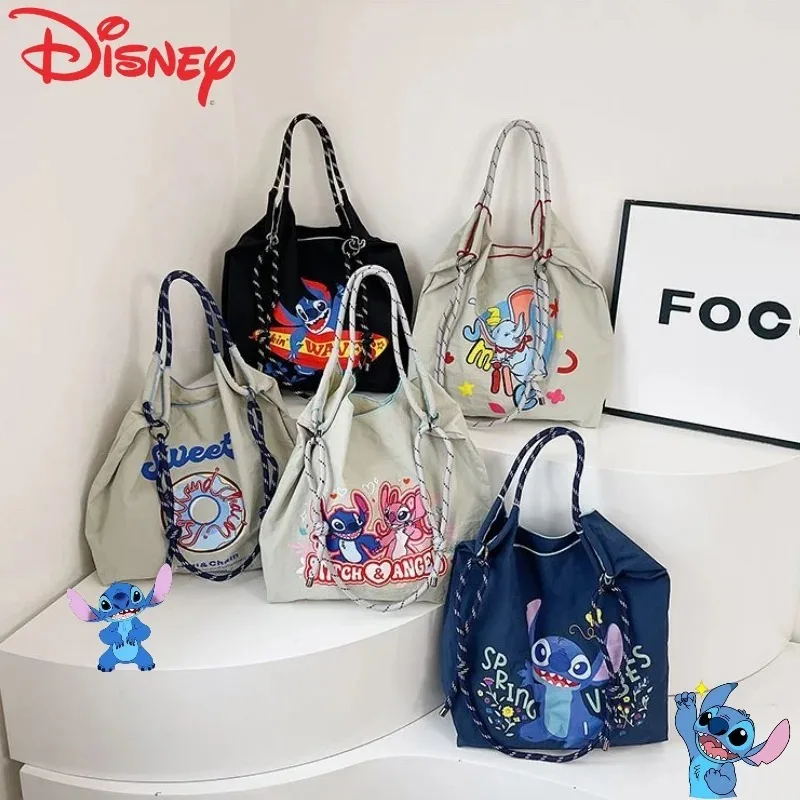 Disney stitch anjo kawaii bonito estudante criativo grande capacidade bordado eco-friendly portátil de um ombro bolsa de náilon