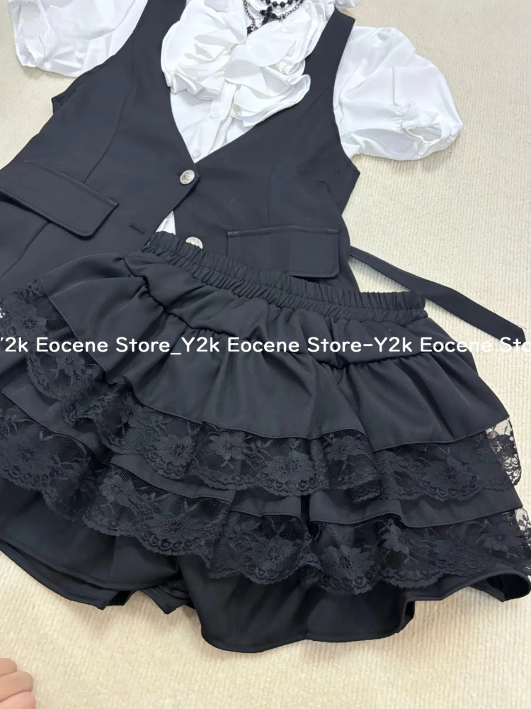 Y2k Black Gothic Retro Chic Outfit Women Bubble Sleeve Shirt + Slim Vest + Mini Cake Skirt New Vintage Fashion 3 Piece Suit 2025 image 4