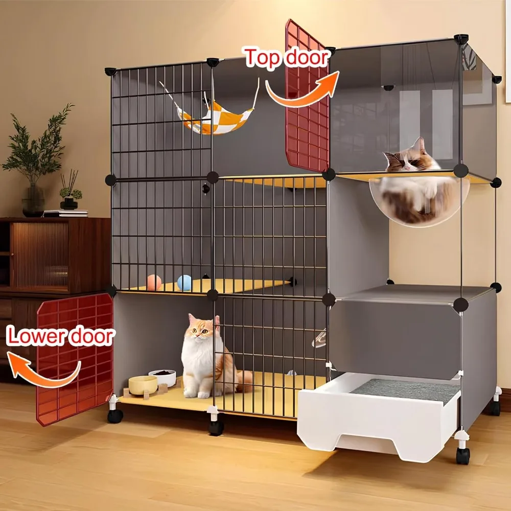 Large Cat Cage with Wheels, Indoor Cat Cage with Enclosed Litter Box, Cat Enclosure, Space Capsule Design, Easy Assembly