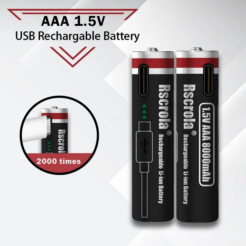 AAA Li-Ion Rechargeable Battery 1.5V Constant Voltage  Type-C Fast Charging 8000mAh High Capacity for RC Toy Camera Flashlight
