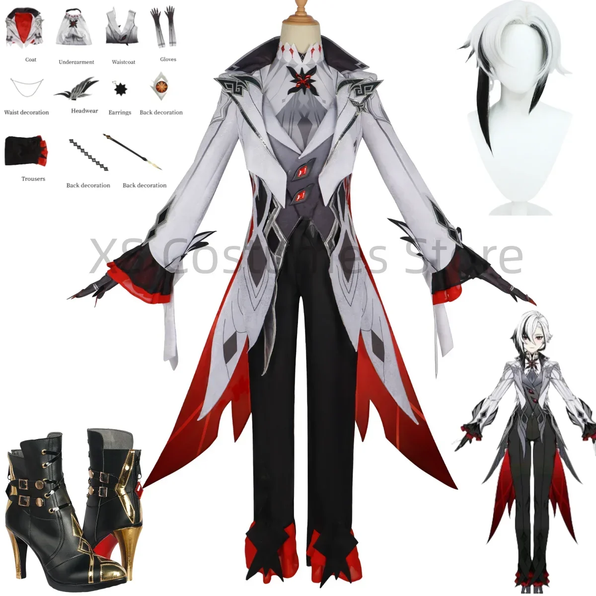 

Anime Games Arlecchino Cosplay Costume Peruere The Knave Father Clothing Accessories Wig Props Shoes