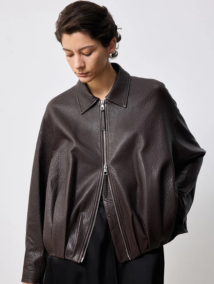 女性のルーズフィットショートジャケットコート秋冬ラムスキンナチュラルテクスチャフォームレザーシープスキン暖かいカジュアルアウターウェア
