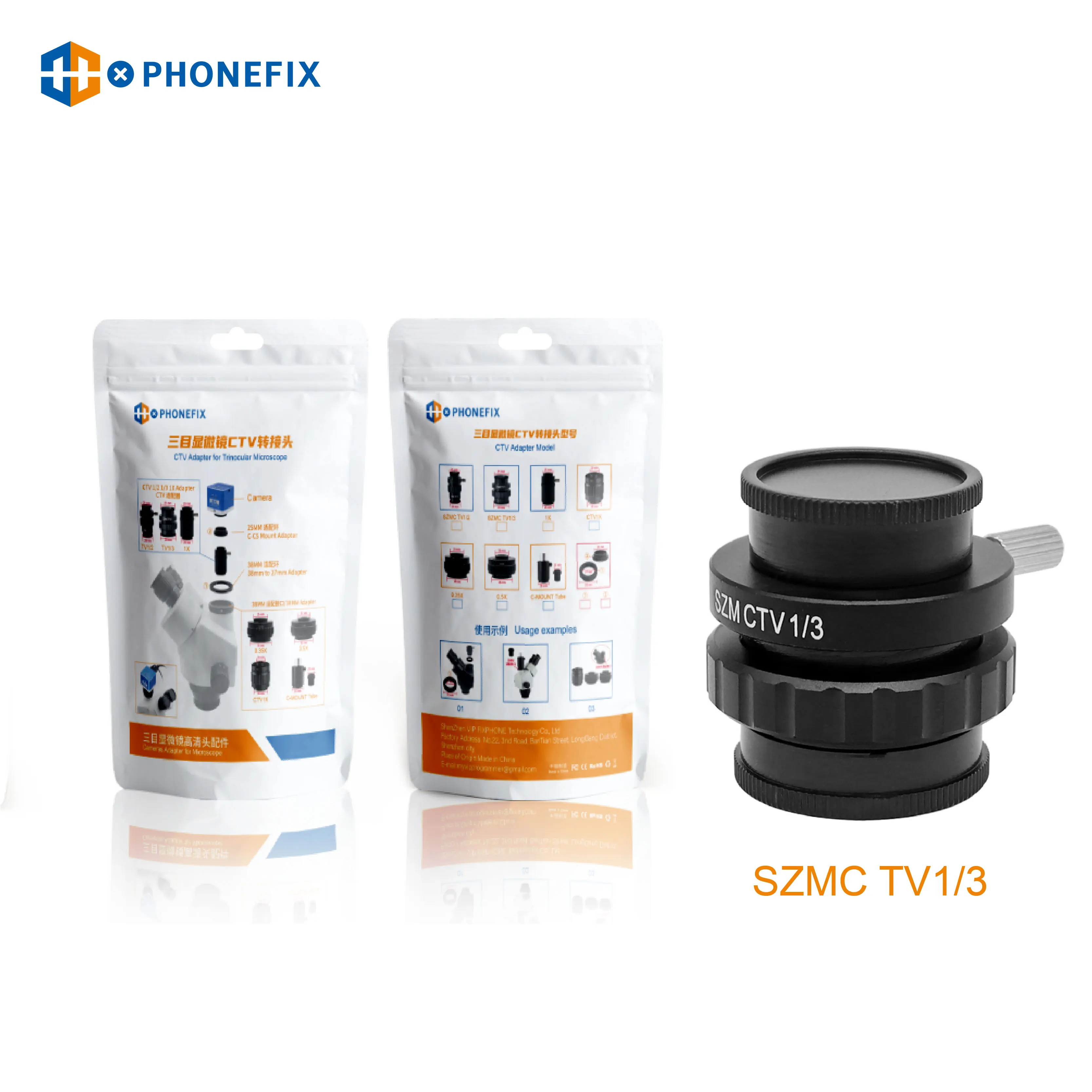 Phonefix adaptador szmc tv1/2 tv1/3, acessórios de substituição para microscópio trinocular estéreo 0,5x 0,35x 1x com montagem c