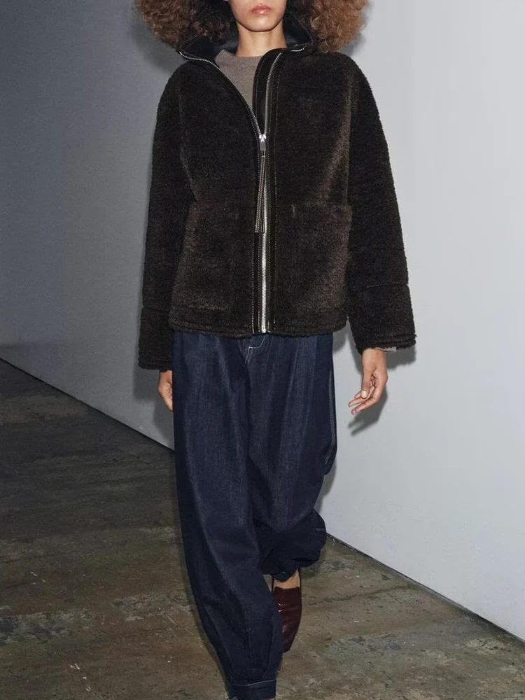 

Осеннее новое модное трендовое женское двустороннее коричневое короткое пальто в европейском и американском стиле с высоким воротником, модное универсальное короткое пальто