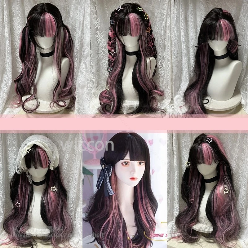 

Black Pink Synthetic Wigs Cosplay Wavy Layered Wigs Heat Resistant Synthetic Hair Gothic Style Women Heat Resistant Fake Hair