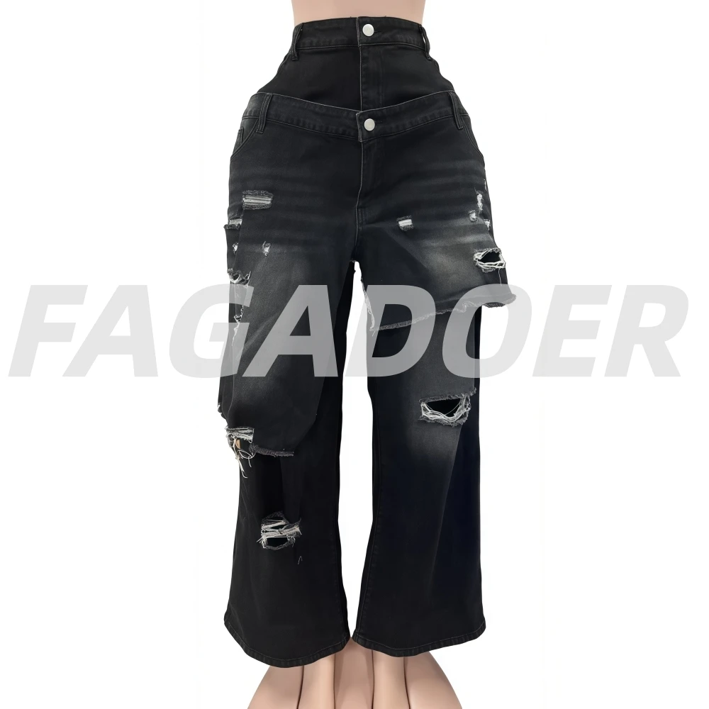 FAGADOER Autumn New Fashion Quality Denim Pants Women Wash Hole Irregular Pocket Patchwork Jeans Female Streetwear Bottoms 2025