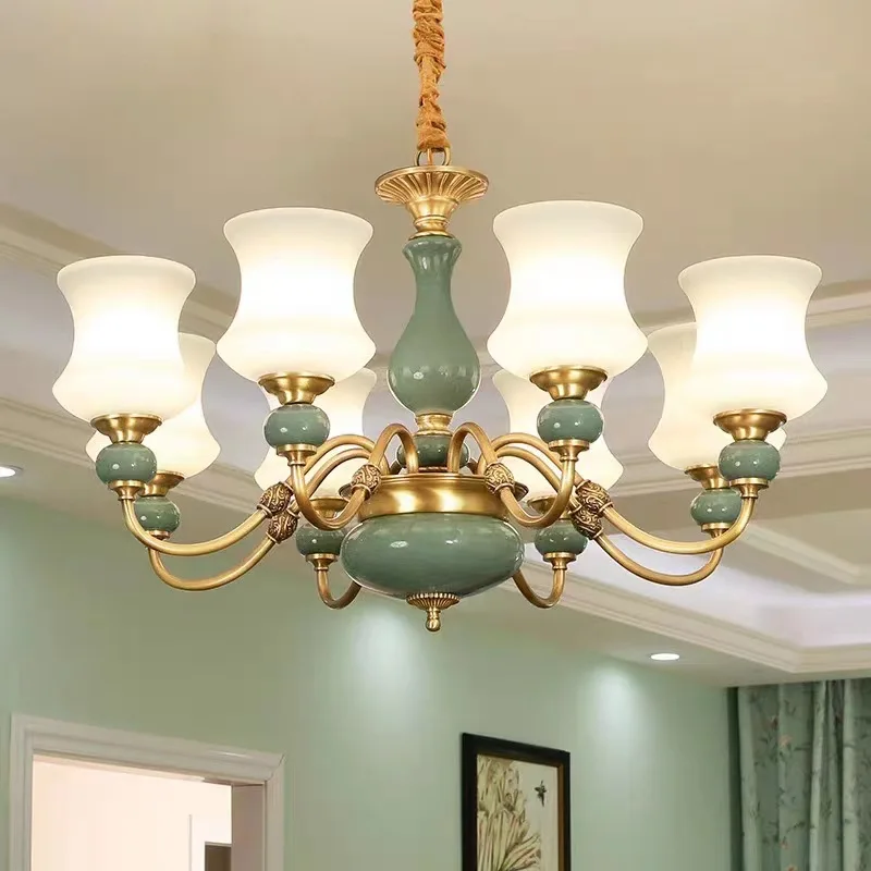 

American European style villa dining room bedroom study lamp home decoration ceramic jade copper chandelier & pendant light