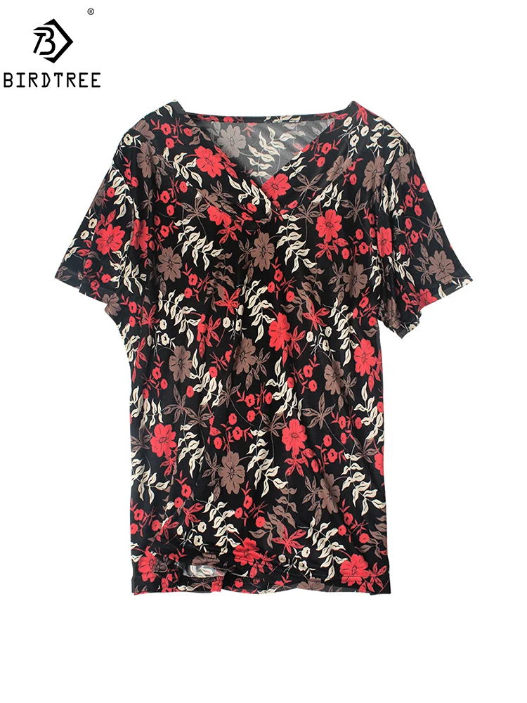 BirdTree, Natural Silk Knitted T-Shirts, Women V Neck Short Sleeve Floral Printing, Elegant Retro Blouse, 2024 Summer T45591QM