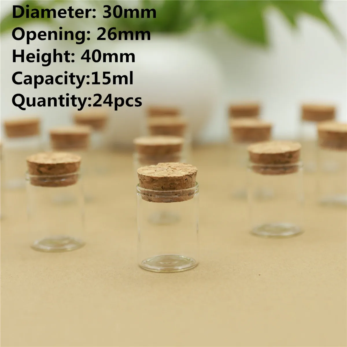 

24 pcs/lot 15ml size 26*30*40mm Mini Glass Test Tube with Cork Stopper Decoration Bottles Container Jars Vials DIY Craft Wedding