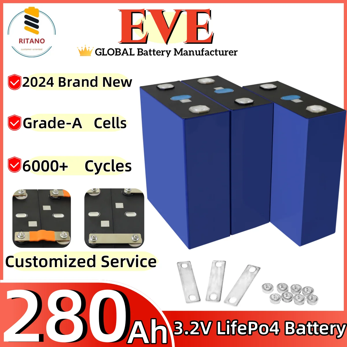 

EVE 3.2V 280Ah Lifepo4 Battery Grade A High capacity Lithium Iron Phosphate Solar Cell for Energy Storage System and Power wall