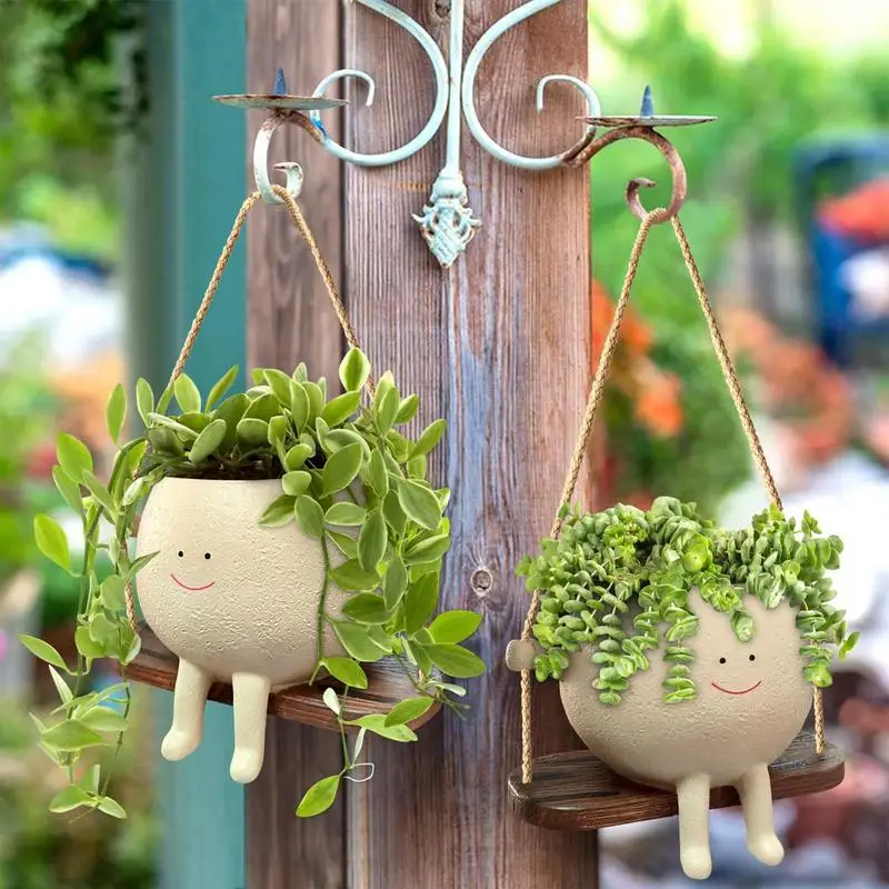 Lovely Swing Face Planter Pot Smiling Face Resin Flower Pot Cute Succulent Plant With Twine Home Decoration For Indoor