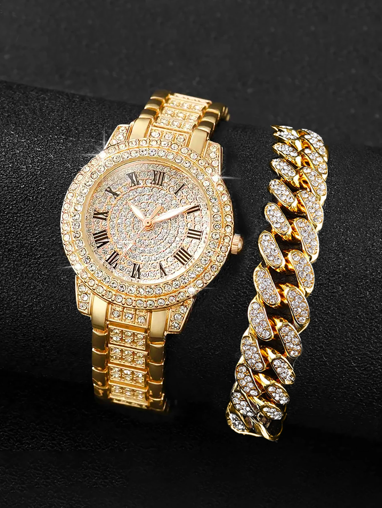 Gold and silver stainless steel full-diamond Roman fashionable steel band quartz watch and Cuban bracelet set - as a gift