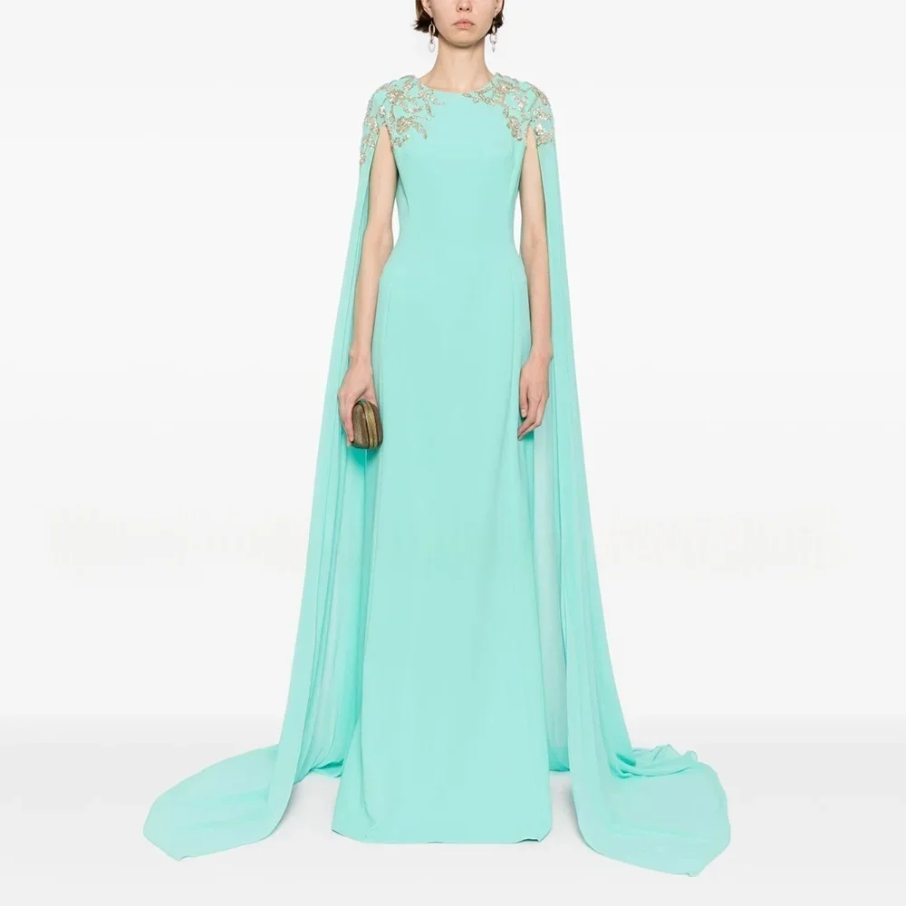 ثوب مسائي فاخر برقبة دائرية وأكمام كيب مزين فستان ماكسي مناسب لحفلات الزفاف فستان رسمي للحفلات للنساء