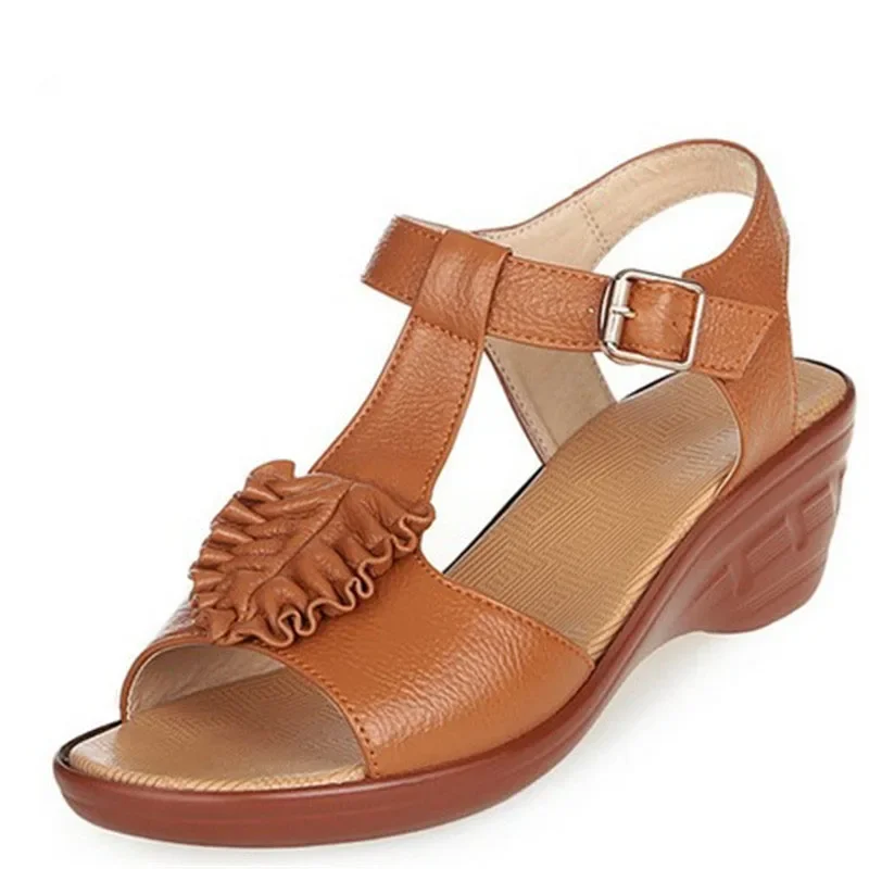 CEYANEAO  New Summer Sandals For Middle Aged Women Genuine Cowhide Leather Wedge Sandals Mothers Shoes Plus Size Sandalias Mujer