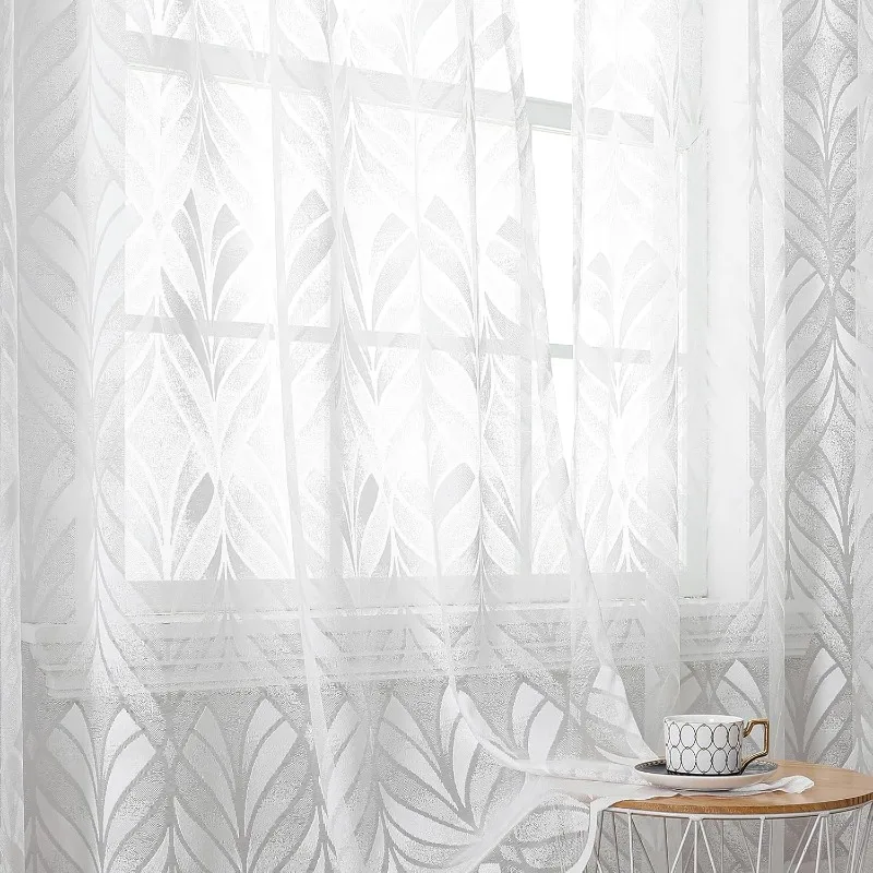 

Sheer Curtains Decor Circular Pattern Embroidery on White Voile Pair, Accent Semi Window Drapes for Kitchen