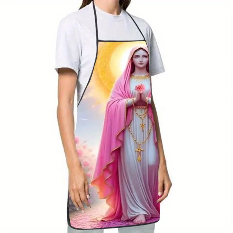 Easter Virgin Mary Printed Sleeveless Polyester Apron Pink Religious Design with Floral Patterns,Perfect for Home Kitchen Baking