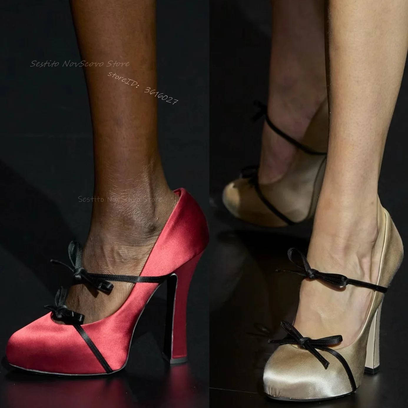 

Pointed Toe Satin Pumps Block High Heels Bow Decor Slip On Platform Summer Sexy Ladies Dress Party Daily Casual Sandals