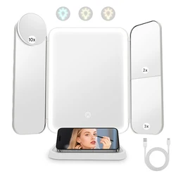 Verlichte make-upspiegel met 2X/3X/10X vergroting Oplaadbare driebladige make-upspiegel met 3-kleurenverlichting Ideale cadeaus voor vrouwen