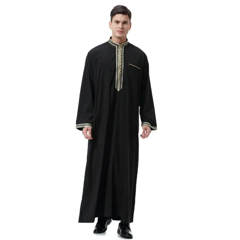 Vestido muçulmano longo para homens muçulmanos, Jubba Thobe, quimono com aplicação islâmica, robe Arábia Saudita, Abaya Caftan, Dubai e vestido árabe, 2024